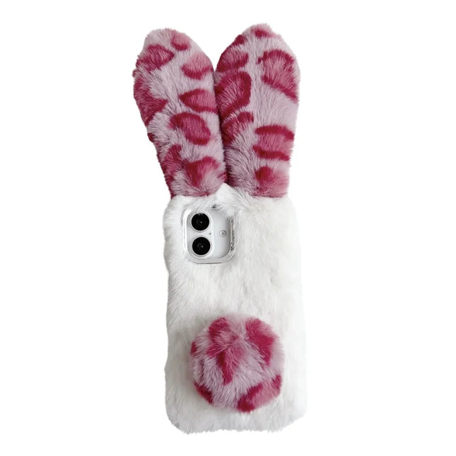 For iPhone 16 Plus Case Fluffy Leopard Splicing Bunny Plush TPU Phone Cover - Pink