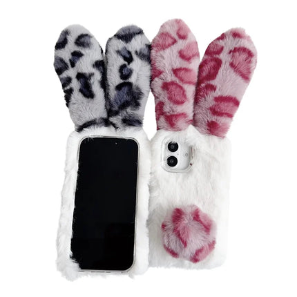 For iPhone 16 Plus Case Fluffy Leopard Splicing Bunny Plush TPU Phone Cover