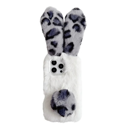 For iPhone 16 Pro Max Case Fluffy Leopard Splicing Bunny Plush TPU Phone Cover - Black
