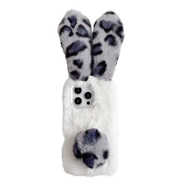 For iPhone 16 Pro Max Case Fluffy Leopard Splicing Bunny Plush TPU Phone Cover - Black