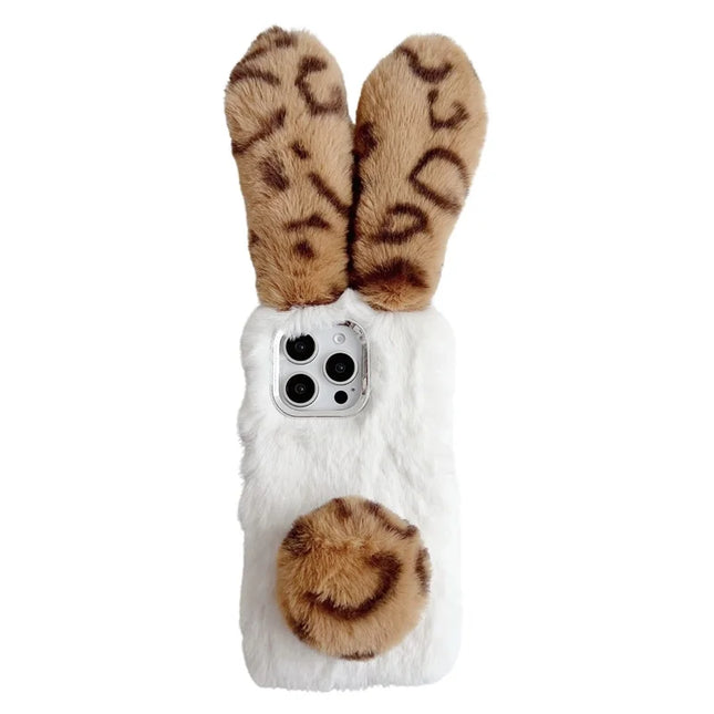 For iPhone 16 Pro Max Case Fluffy Leopard Splicing Bunny Plush TPU Phone Cover - Brown