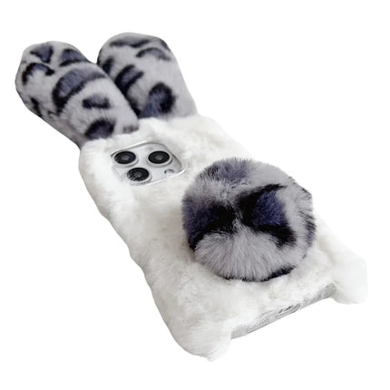 For iPhone 16 Pro Max Case Fluffy Leopard Splicing Bunny Plush TPU Phone Cover
