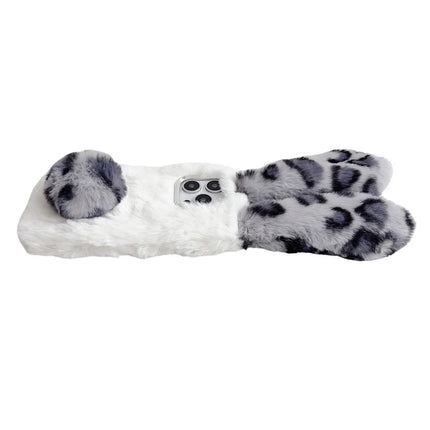 For iPhone 16 Pro Max Case Fluffy Leopard Splicing Bunny Plush TPU Phone Cover