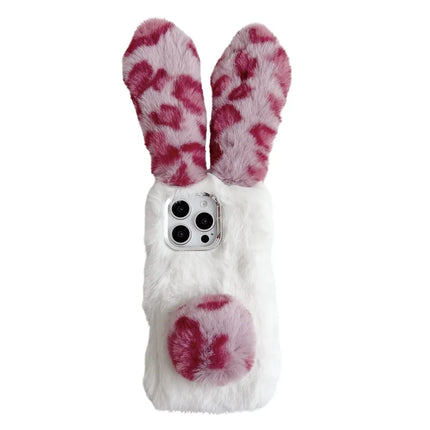 For iPhone 16 Pro Max Case Fluffy Leopard Splicing Bunny Plush TPU Phone Cover - Pink