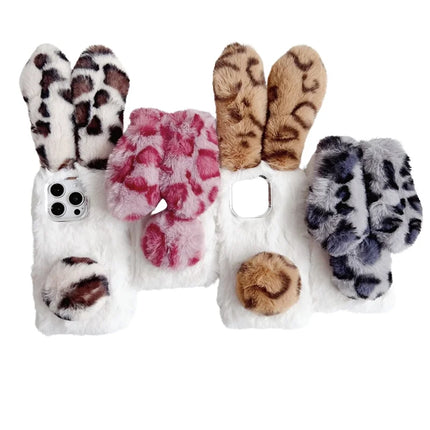 For iPhone 16 Pro Max Case Fluffy Leopard Splicing Bunny Plush TPU Phone Cover