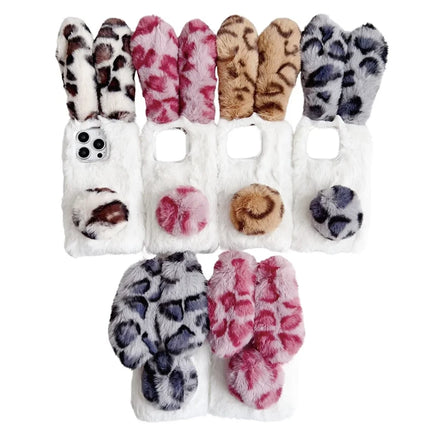 For iPhone 16 Pro Max Case Fluffy Leopard Splicing Bunny Plush TPU Phone Cover