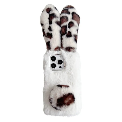 For iPhone 16 Pro Max Case Fluffy Leopard Splicing Bunny Plush TPU Phone Cover - White