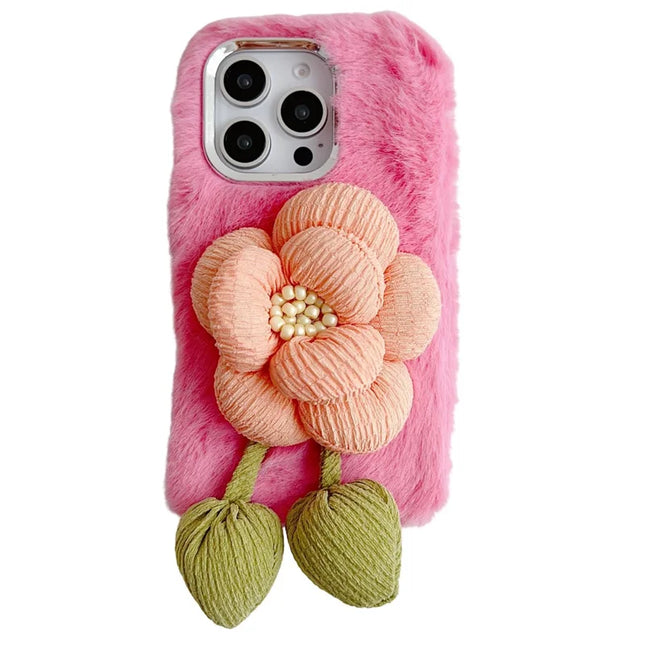 For iPhone 16 Pro Max Plush Phone Case 3D Flower Decor Fluffy TPU Back Cover - Pink
