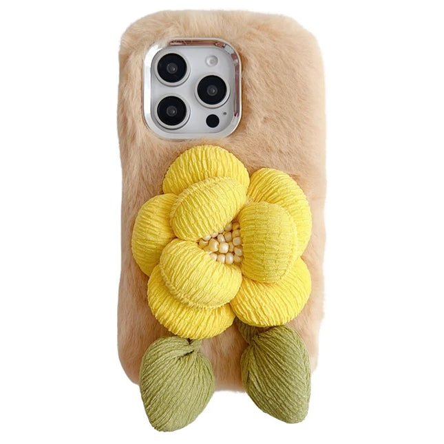 For iPhone 16 Pro Max Plush Phone Case 3D Flower Decor Fluffy TPU Back Cover - Beige