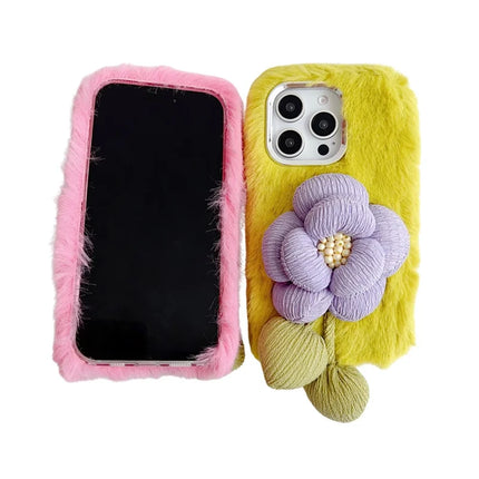 For iPhone 16 Pro Max Plush Phone Case 3D Flower Decor Fluffy TPU Back Cover