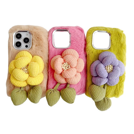 For iPhone 16 Pro Max Plush Phone Case 3D Flower Decor Fluffy TPU Back Cover