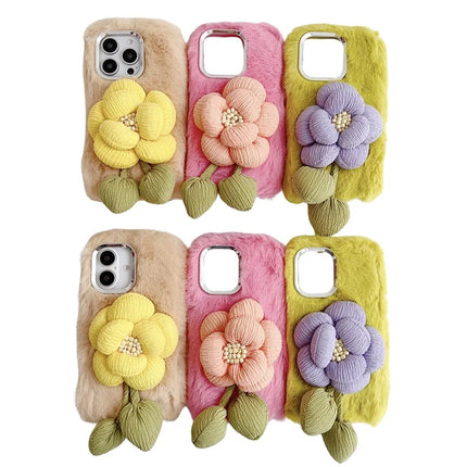 For iPhone 16 Pro Max Plush Phone Case 3D Flower Decor Fluffy TPU Back Cover
