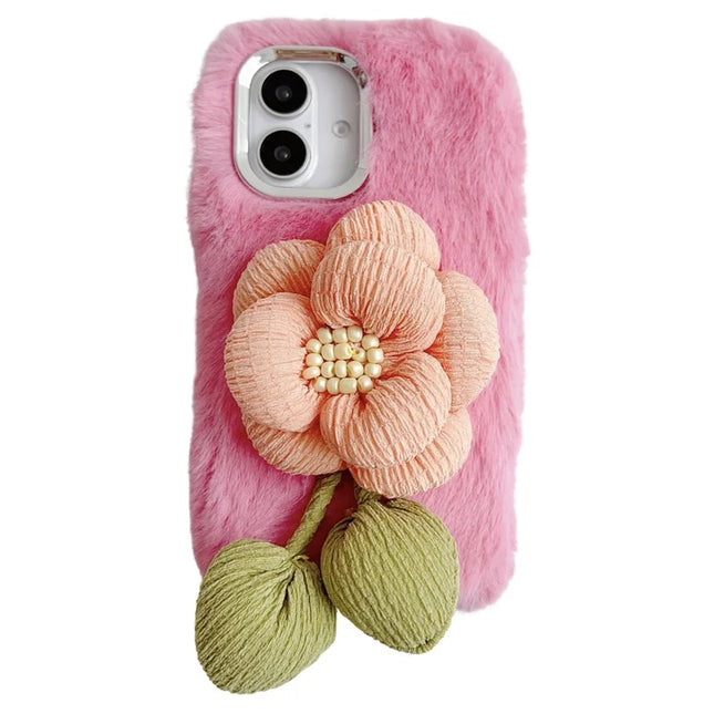 For iPhone 16 Plus Plush Phone Case 3D Flower Decor Fluffy TPU Back Cover - Pink