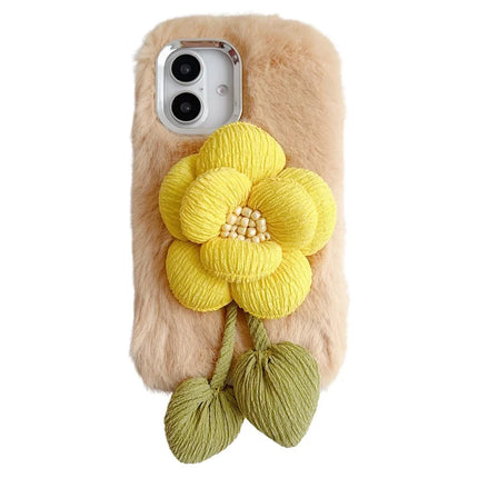 For iPhone 16 Plus Plush Phone Case 3D Flower Decor Fluffy TPU Back Cover - Beige