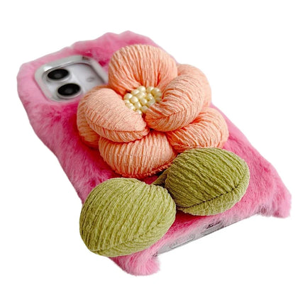 For iPhone 16 Plus Plush Phone Case 3D Flower Decor Fluffy TPU Back Cover