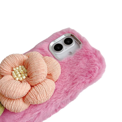 For iPhone 16 Plus Plush Phone Case 3D Flower Decor Fluffy TPU Back Cover