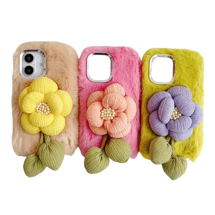 For iPhone 16 Plus Plush Phone Case 3D Flower Decor Fluffy TPU Back Cover