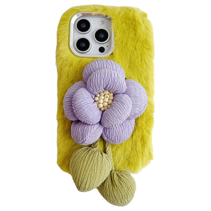 For iPhone 16 Pro Plush Phone Case 3D Flower Decor Fluffy TPU Back Cover - Green