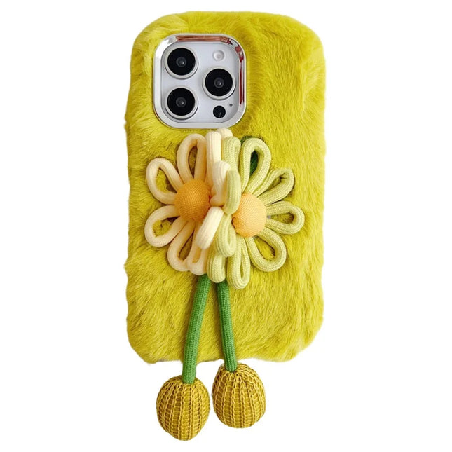 For iPhone 16 Pro Max Case Two Flowers Decor Outer Fluffy Plush Inner TPU Phone Cover - Green