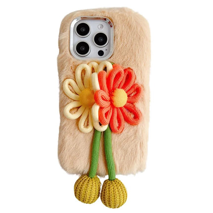 For iPhone 16 Pro Max Case Two Flowers Decor Outer Fluffy Plush Inner TPU Phone Cover - Beige