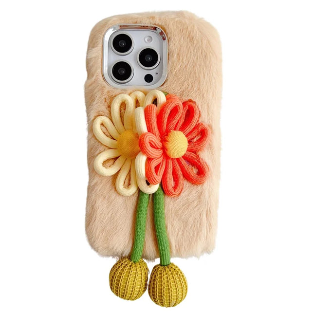 For iPhone 16 Pro Max Case Two Flowers Decor Outer Fluffy Plush Inner TPU Phone Cover - Beige