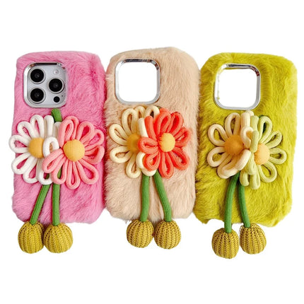 For iPhone 16 Pro Max Case Two Flowers Decor Outer Fluffy Plush Inner TPU Phone Cover
