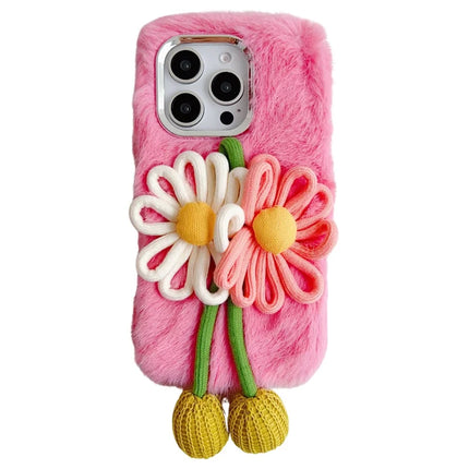For iPhone 16 Pro Max Case Two Flowers Decor Outer Fluffy Plush Inner TPU Phone Cover - Pink