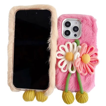 For iPhone 16 Pro Max Case Two Flowers Decor Outer Fluffy Plush Inner TPU Phone Cover