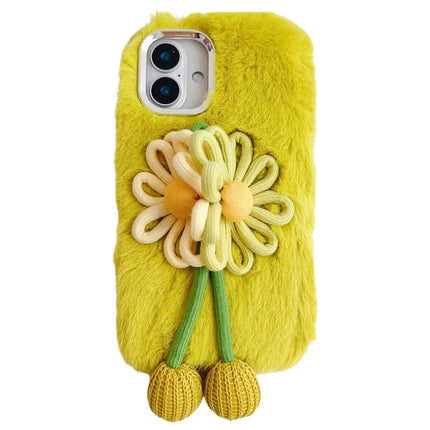 For iPhone 16 Plus Case Two Flowers Decor Outer Fluffy Plush Inner TPU Phone Cover - Green