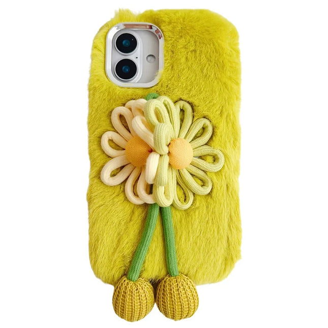 For iPhone 16 Plus Case Two Flowers Decor Outer Fluffy Plush Inner TPU Phone Cover - Green
