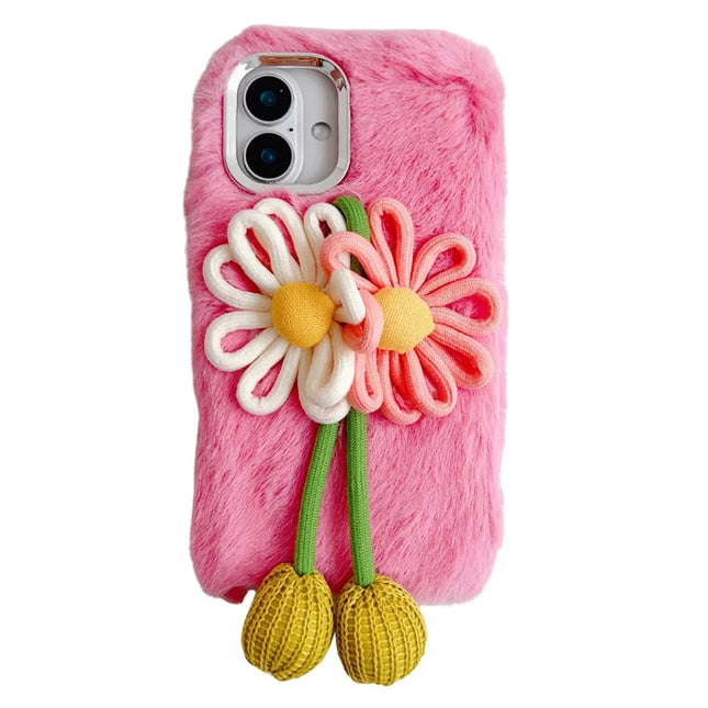For iPhone 16 Plus Case Two Flowers Decor Outer Fluffy Plush Inner TPU Phone Cover - Pink