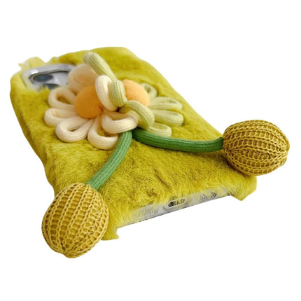 For iPhone 16 Plus Case Two Flowers Decor Outer Fluffy Plush Inner TPU Phone Cover
