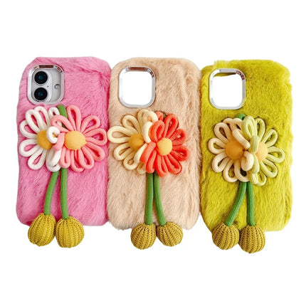 For iPhone 16 Plus Case Two Flowers Decor Outer Fluffy Plush Inner TPU Phone Cover