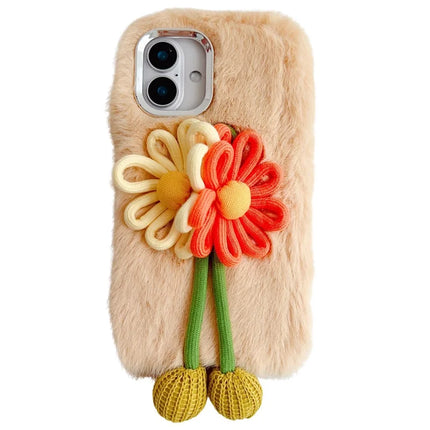 For iPhone 16 Plus Case Two Flowers Decor Outer Fluffy Plush Inner TPU Phone Cover - Beige