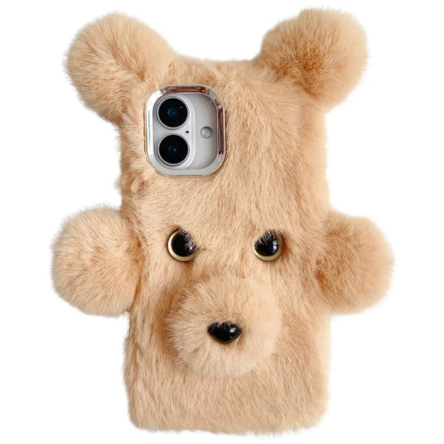 For iPhone 16 Plus Case 3D Bear Faux Fur Fluffy Inner TPU Phone Cover - Beige