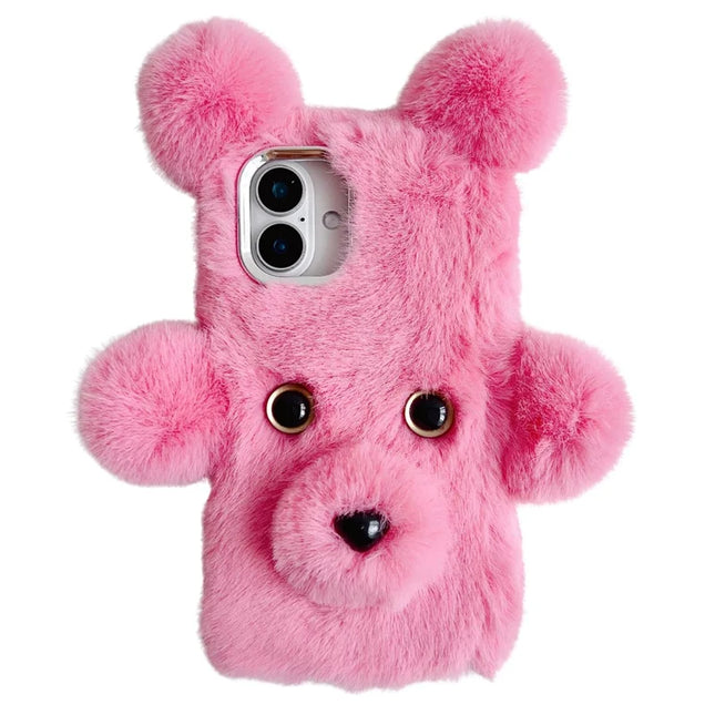 For iPhone 16 Plus Case 3D Bear Faux Fur Fluffy Inner TPU Phone Cover - Pink