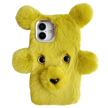 For iPhone 16 Plus Case 3D Bear Faux Fur Fluffy Inner TPU Phone Cover - Green