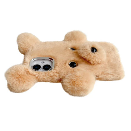 For iPhone 16 Plus Case 3D Bear Faux Fur Fluffy Inner TPU Phone Cover