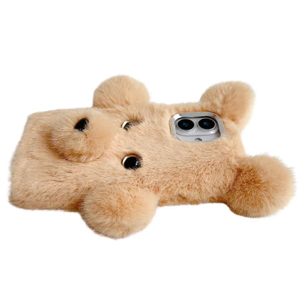 For iPhone 16 Plus Case 3D Bear Faux Fur Fluffy Inner TPU Phone Cover