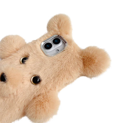 For iPhone 16 Plus Case 3D Bear Faux Fur Fluffy Inner TPU Phone Cover
