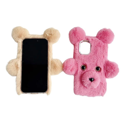 For iPhone 16 Plus Case 3D Bear Faux Fur Fluffy Inner TPU Phone Cover