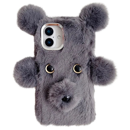 For iPhone 16 Plus Case 3D Bear Faux Fur Fluffy Inner TPU Phone Cover - Grey