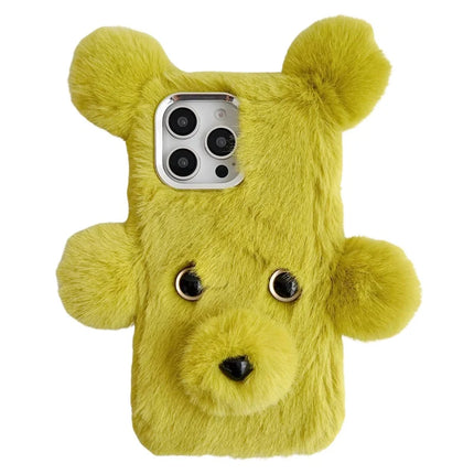 For iPhone 16 Pro Case 3D Bear Faux Fur Fluffy Inner TPU Phone Cover - Green