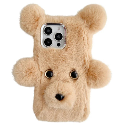 For iPhone 16 Pro Case 3D Bear Faux Fur Fluffy Inner TPU Phone Cover - Beige