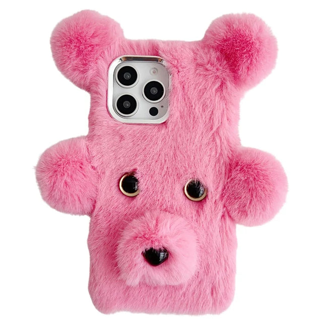 For iPhone 16 Pro Max Case 3D Bear Faux Fur Fluffy Inner TPU Phone Cover - Pink