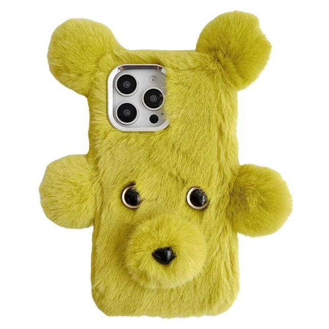 For iPhone 16 Pro Max Case 3D Bear Faux Fur Fluffy Inner TPU Phone Cover - Green
