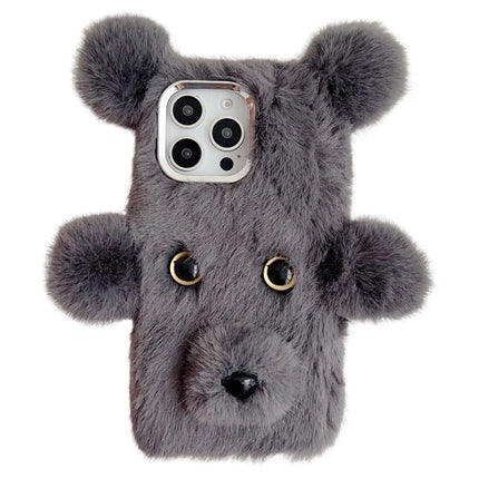 For iPhone 16 Pro Max Case 3D Bear Faux Fur Fluffy Inner TPU Phone Cover - Grey