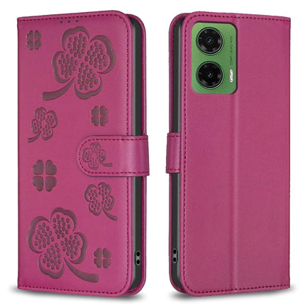 For Motorola Moto G35 5G Case Clover Pattern Wallet Stand View Leather Phone Cover - Rose