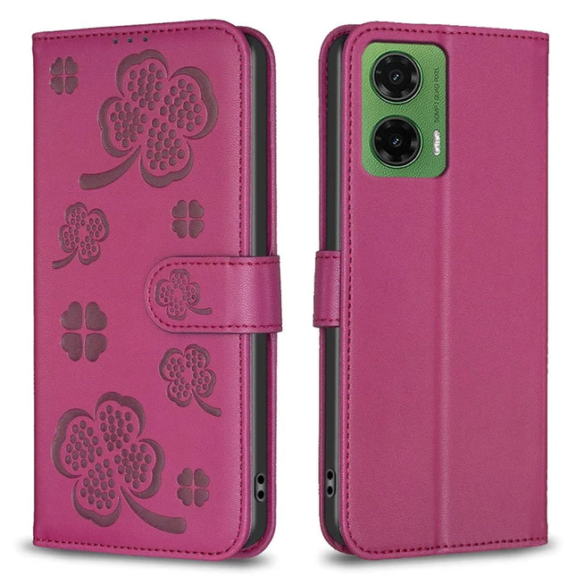 For Motorola Moto G35 5G Case Clover Pattern Wallet Stand View Leather Phone Cover - Rose