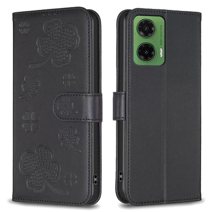For Motorola Moto G35 5G Case Clover Pattern Wallet Stand View Leather Phone Cover - Black
